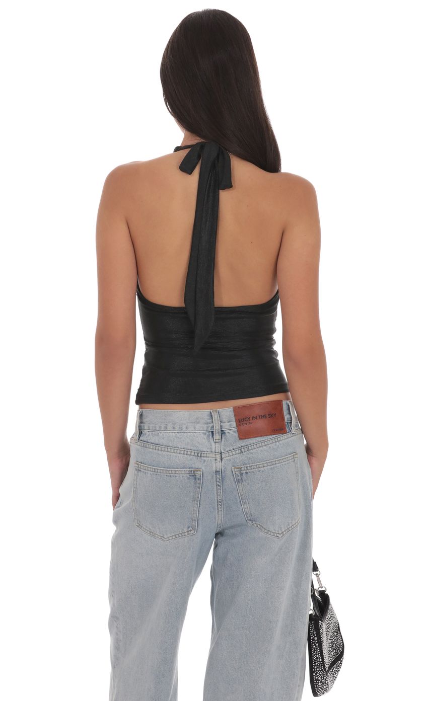 Metallic Plunge Neck Top in Black