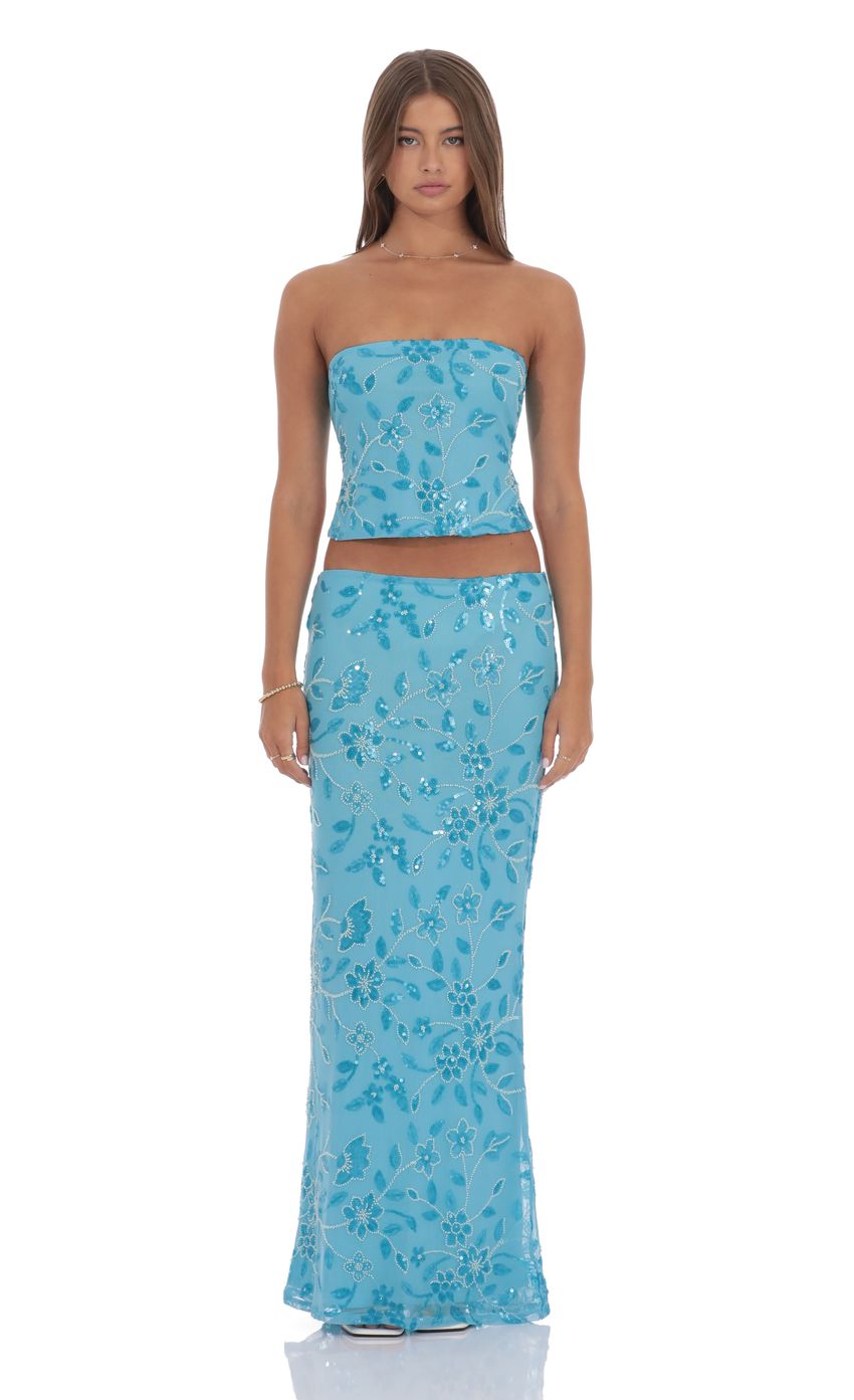 Strapless Beaded Floral Top in Aqua Blue