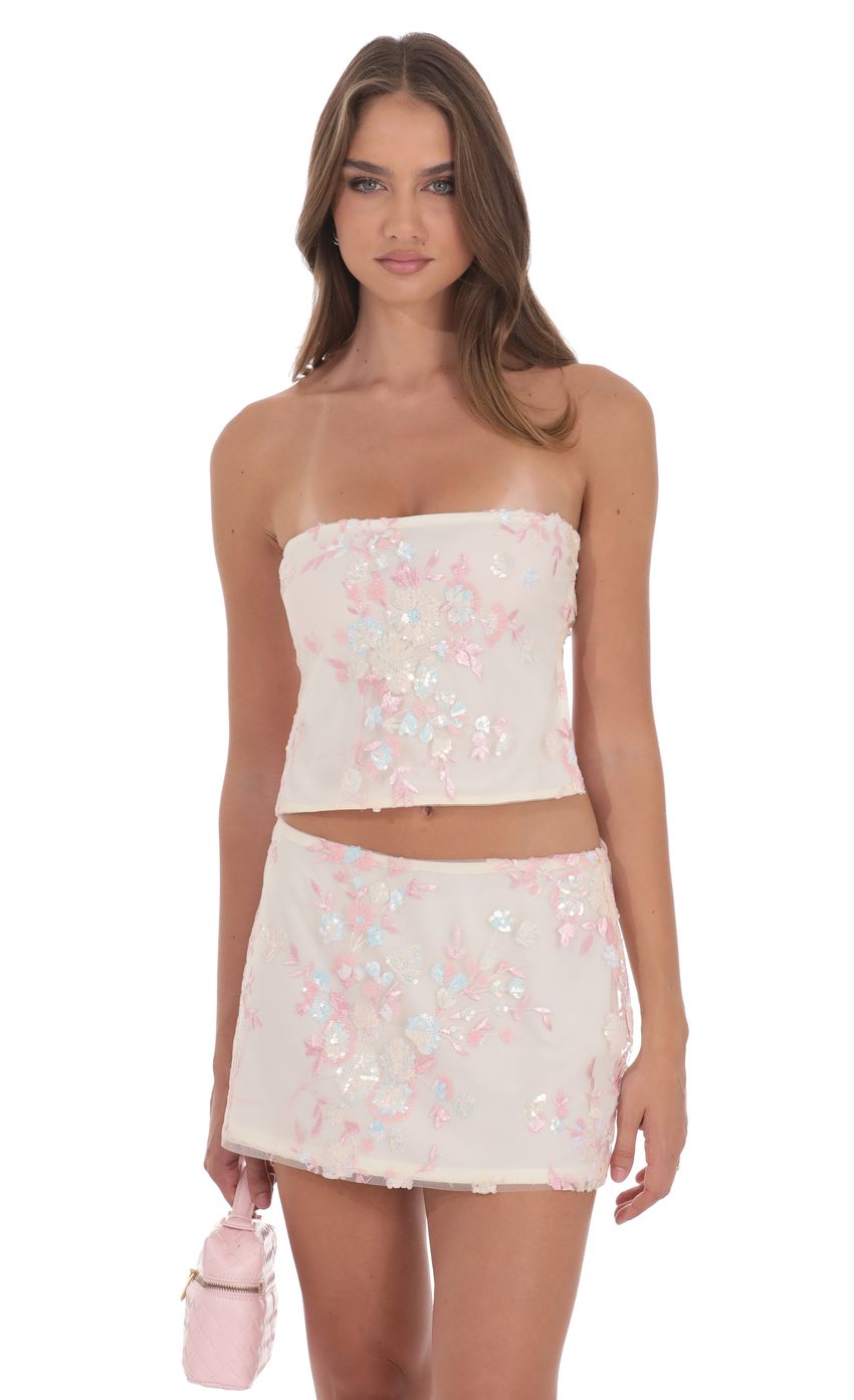 Floral Sequin Strapless Top in Cream