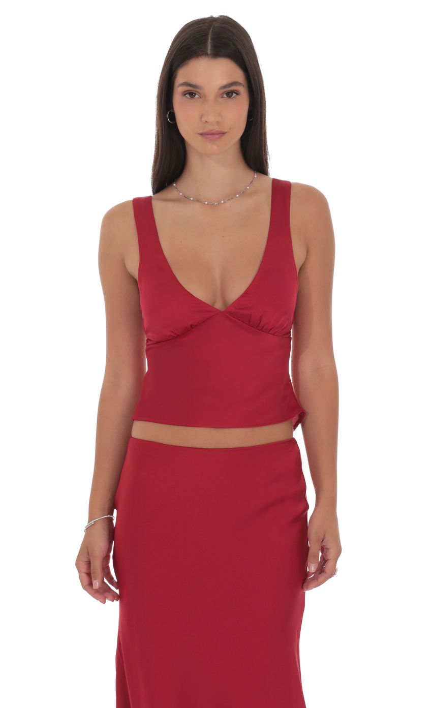 Satin V-Neck Top in Red