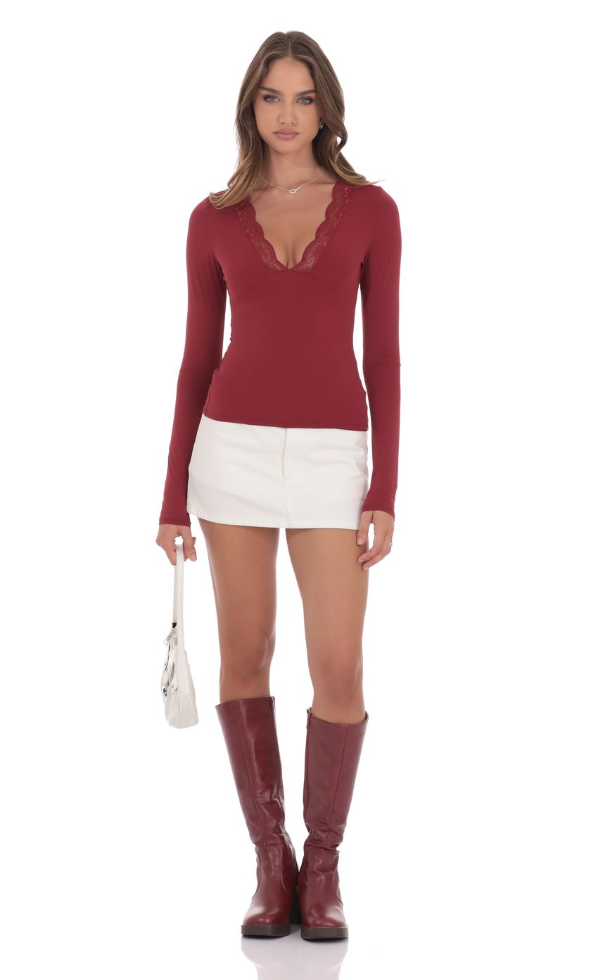 Lace V-Neck Top in Maroon