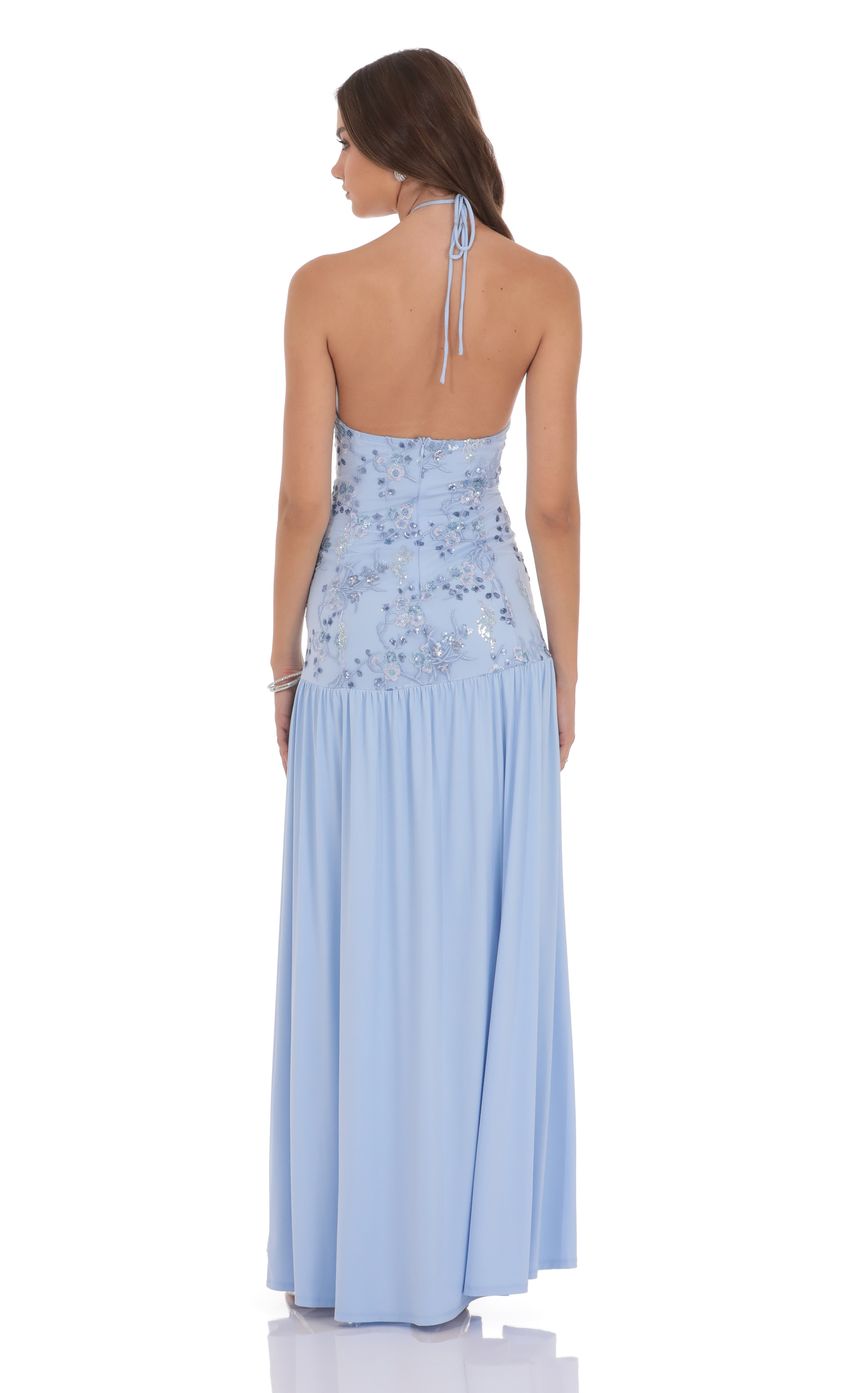 Drop Waist Sequin Maxi Dress in Light Blue