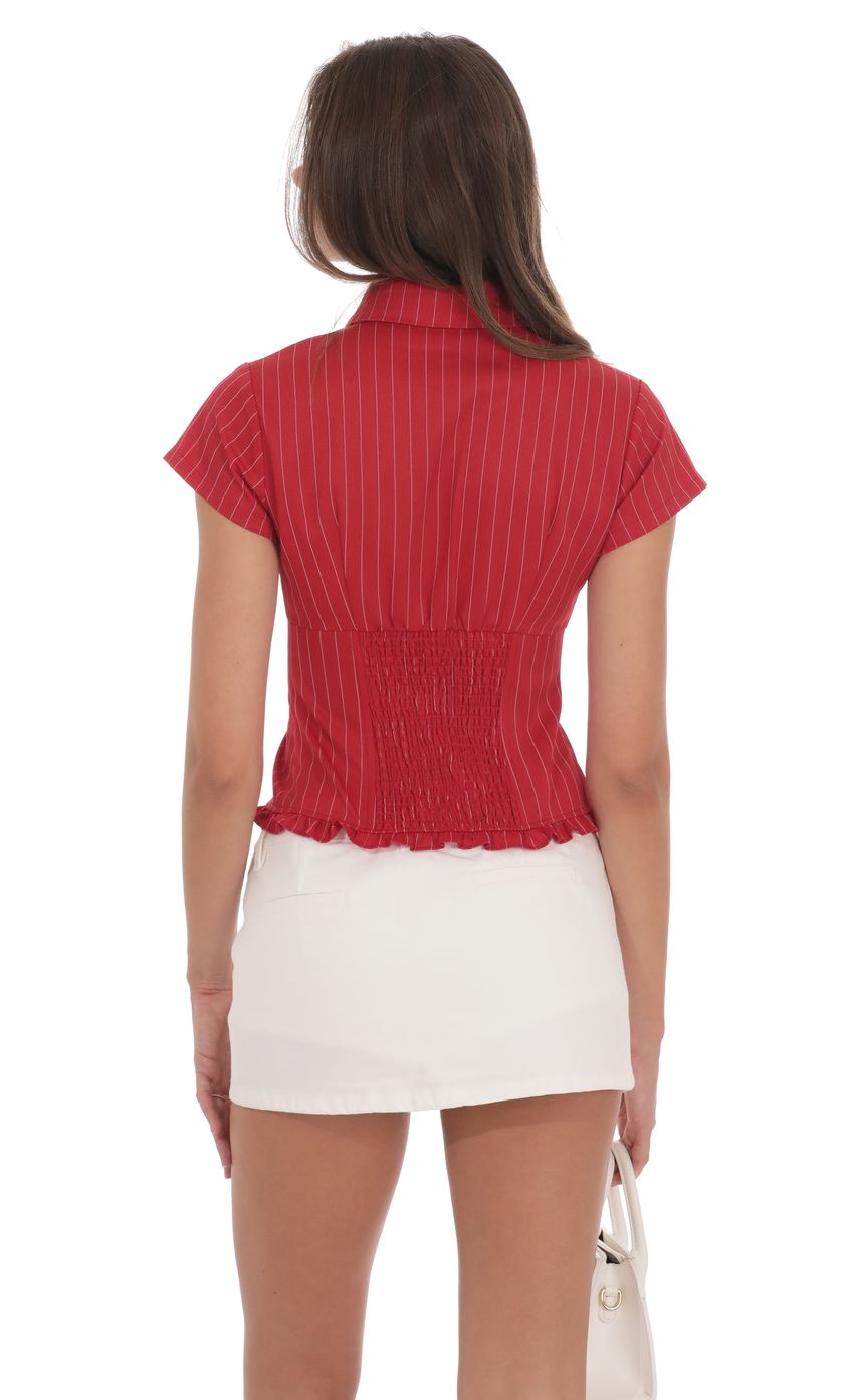 PinStripe Button-Up Ruffle Top in Red