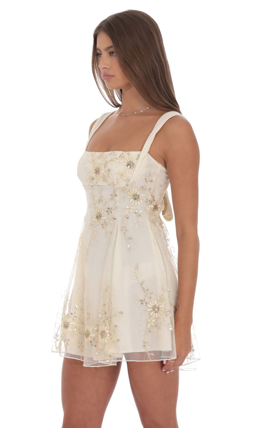 Floral Gold Sequin Fit and Flare Dress in Ivory
