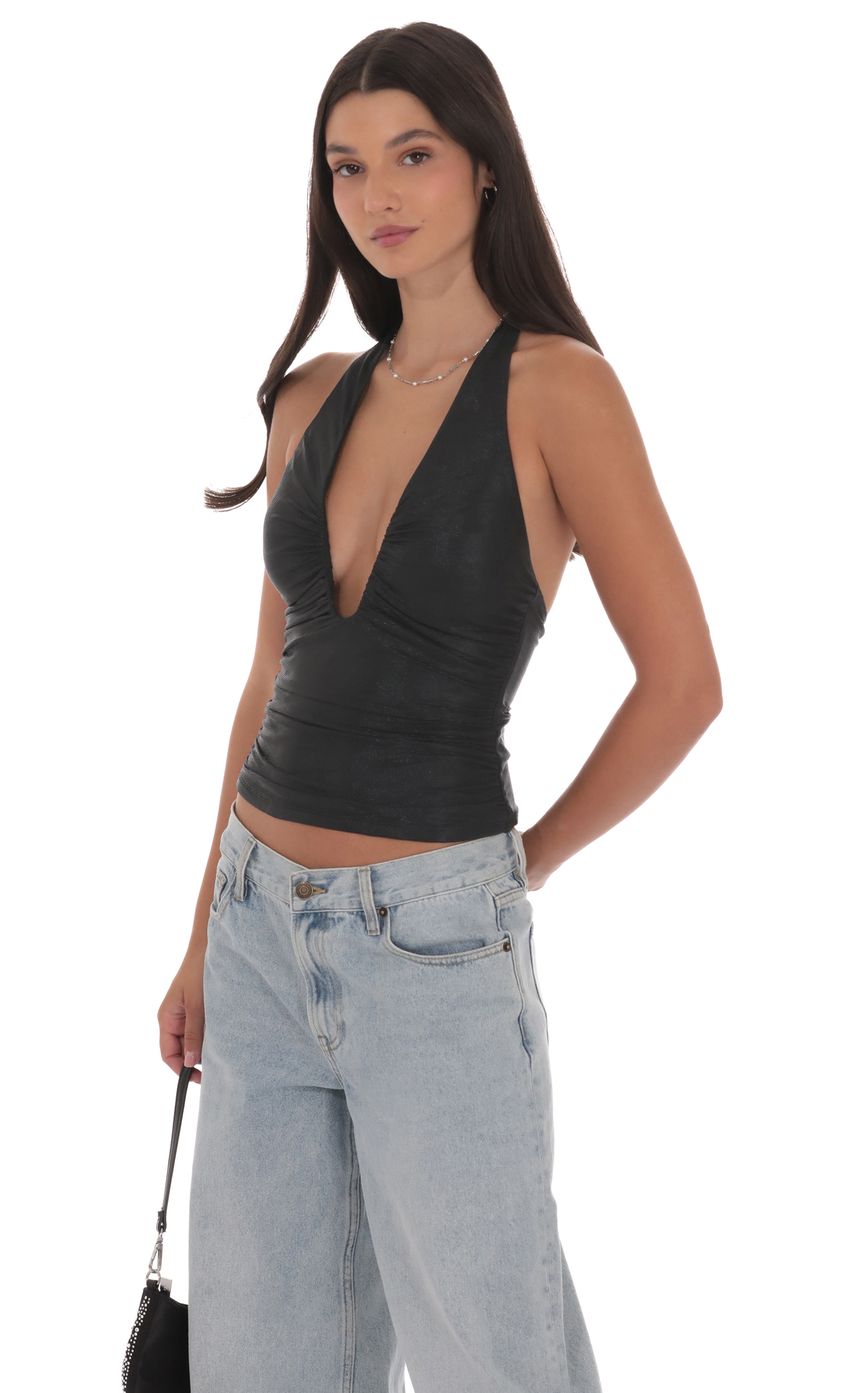 Metallic Plunge Neck Top in Black