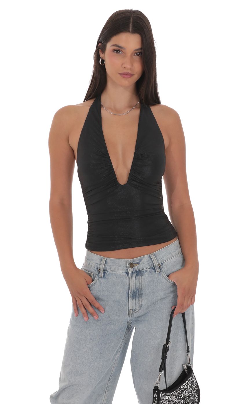 Metallic Plunge Neck Top in Black