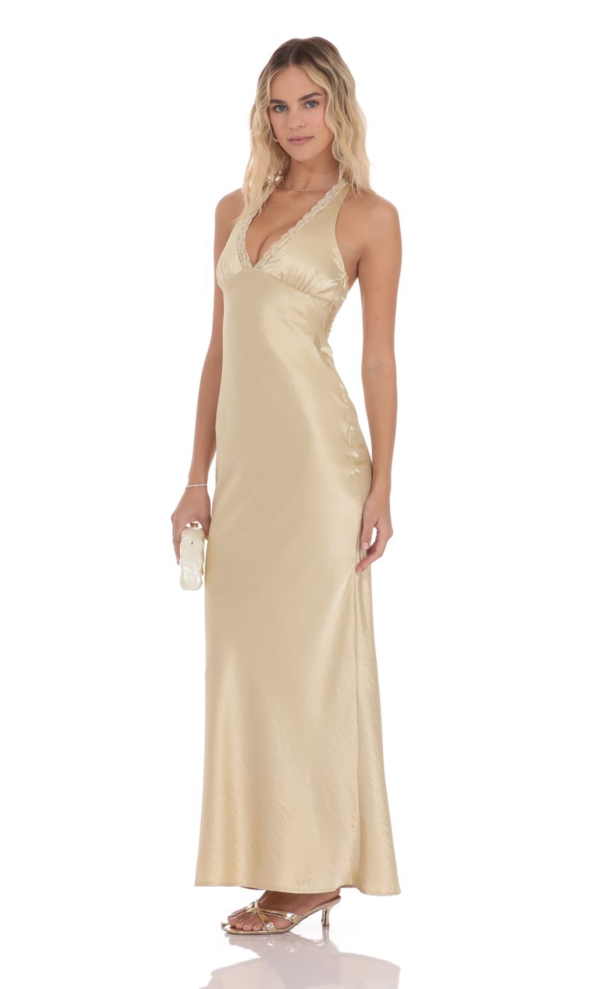 Satin Lace Trim Maxi Dress in Champagne