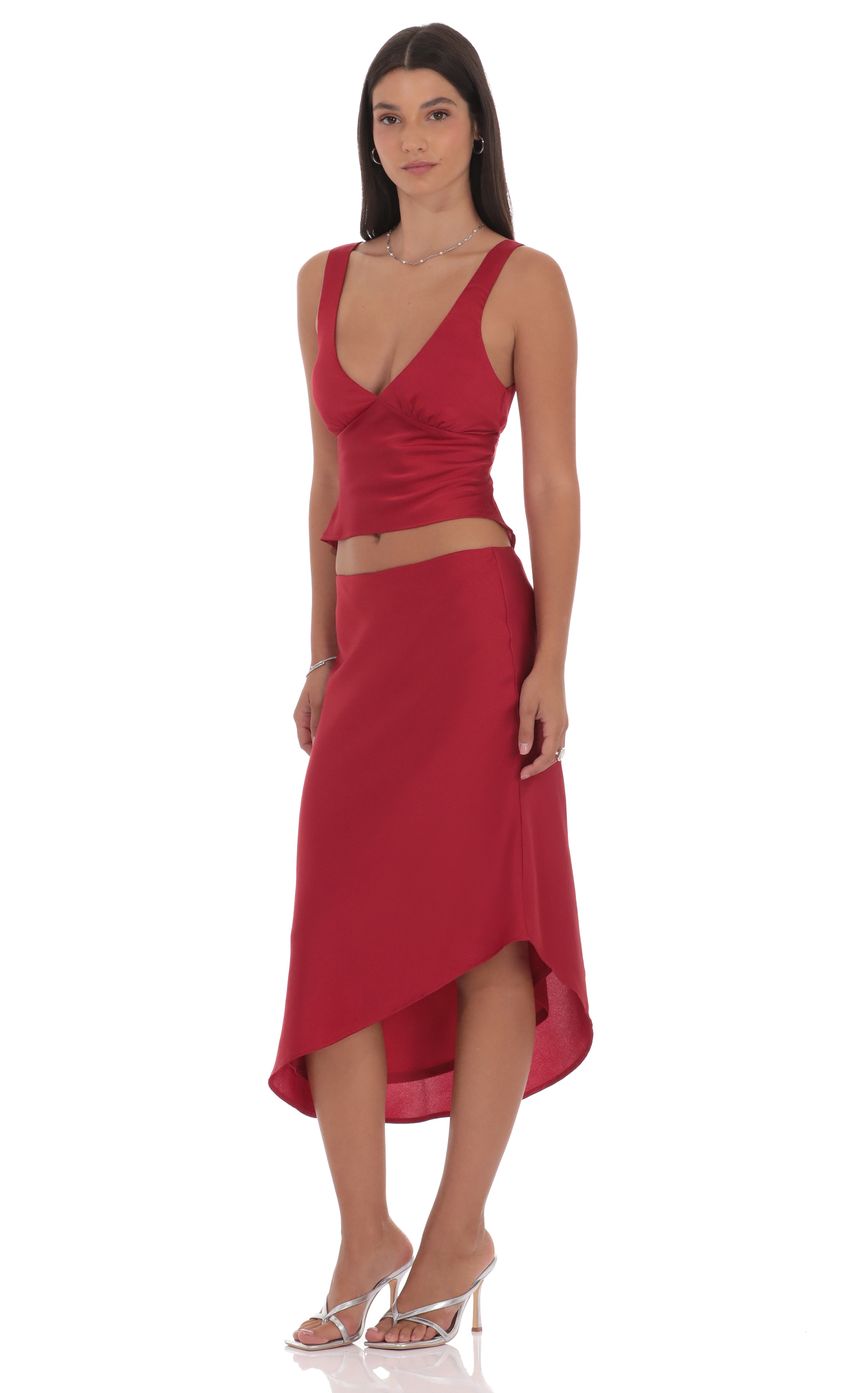 Satin Asymmetrical Midi Skirt in Red