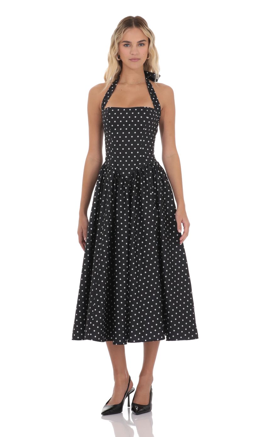 Polka Dot Halter Midi Dress in Black