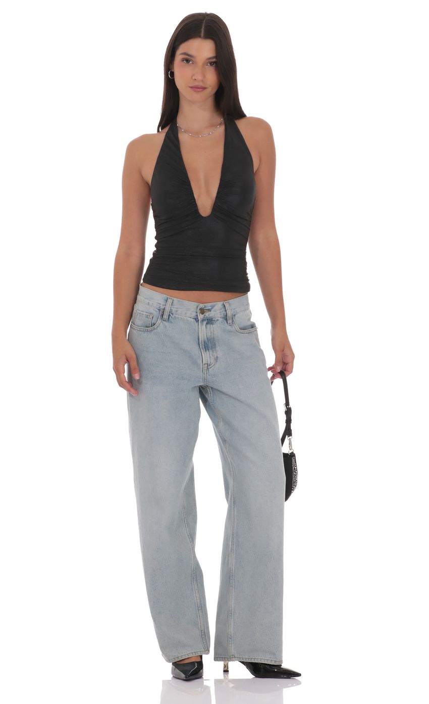 Metallic Plunge Neck Top in Black