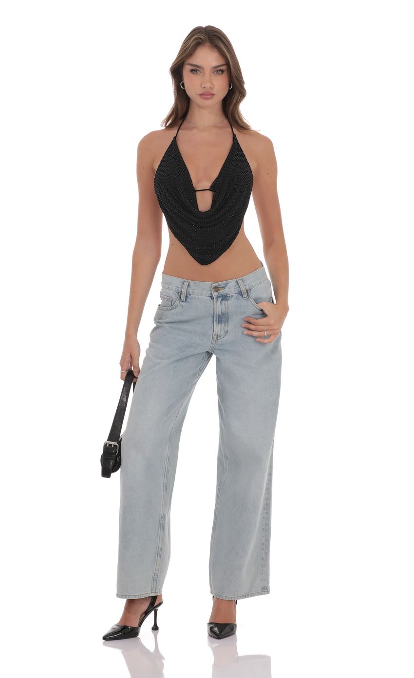 Draped Rhinestone Top in Black