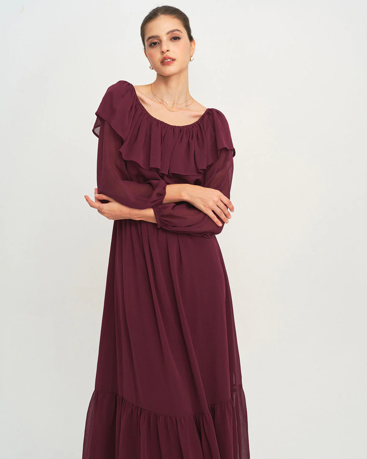Wine Red Boat Neck Ruffle Maxi Dress