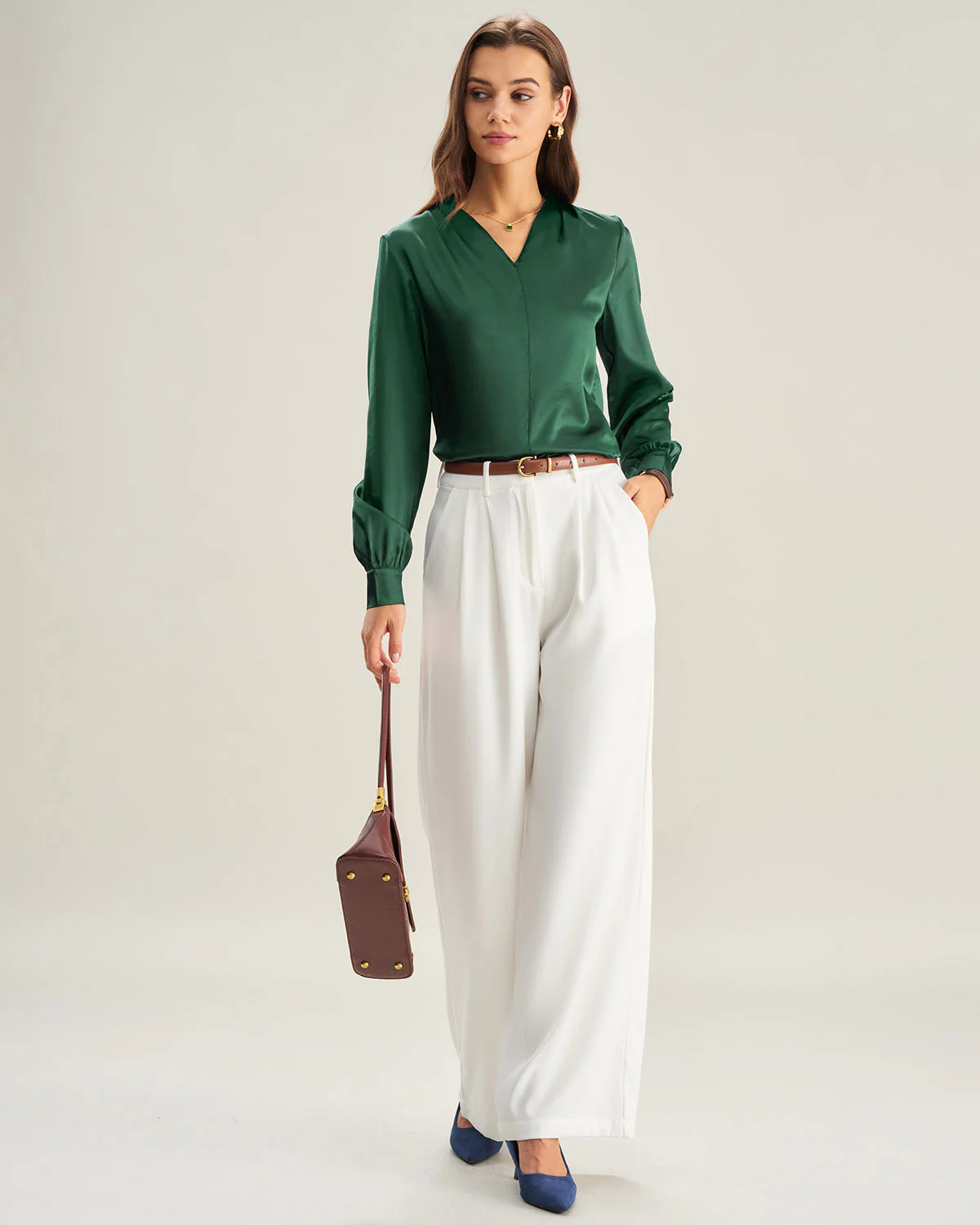 Green Satin V Neck Shirt