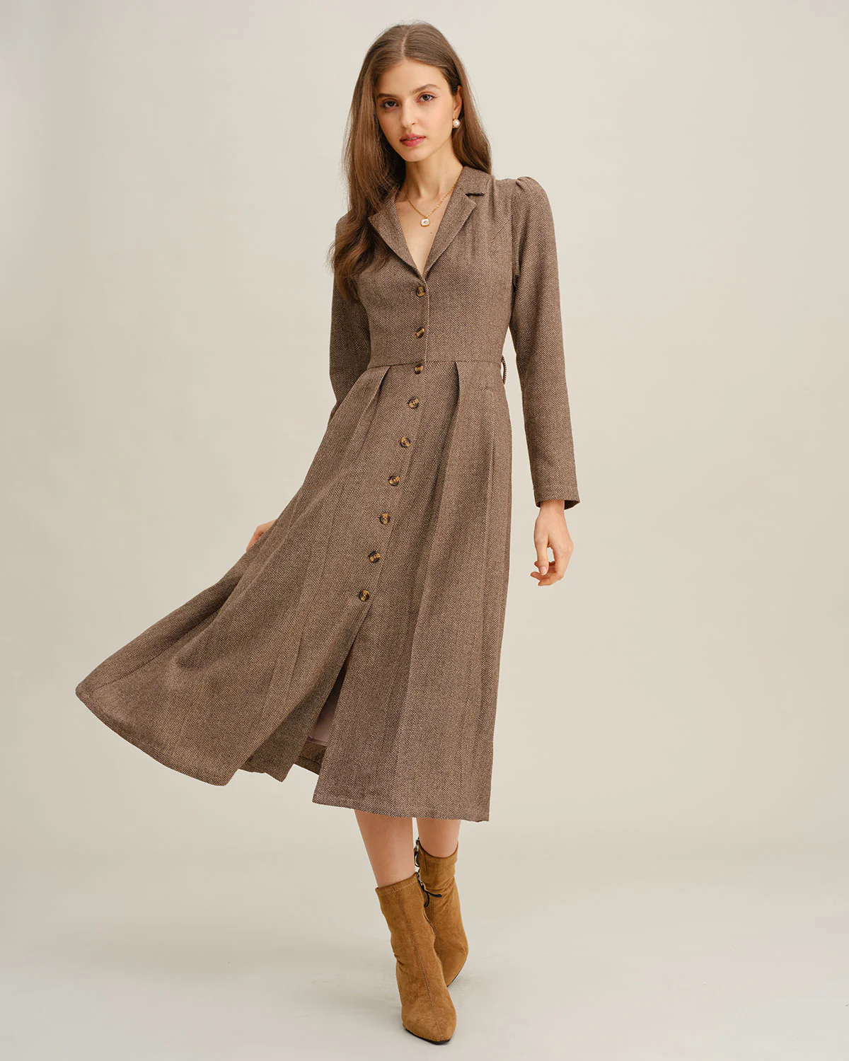 Brown A-Line Pleated Midi Dress