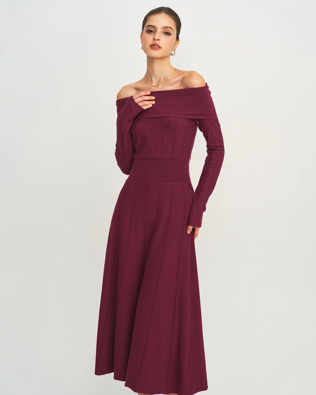 Wine Red Off The Shoulder Sweater Dress