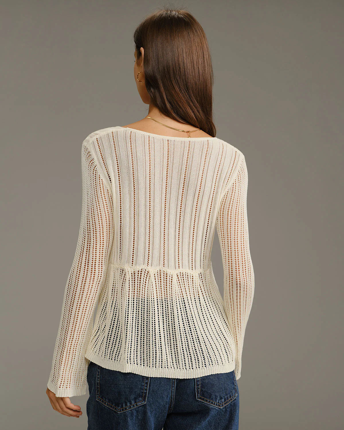 Beige V Neck Bell Sleeve Cardigan