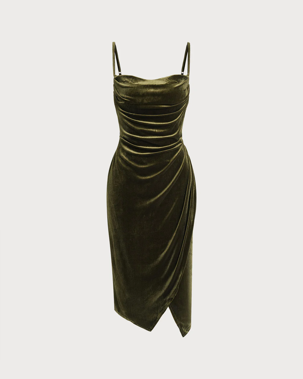Green Velour Ruched Slip Midi Dress