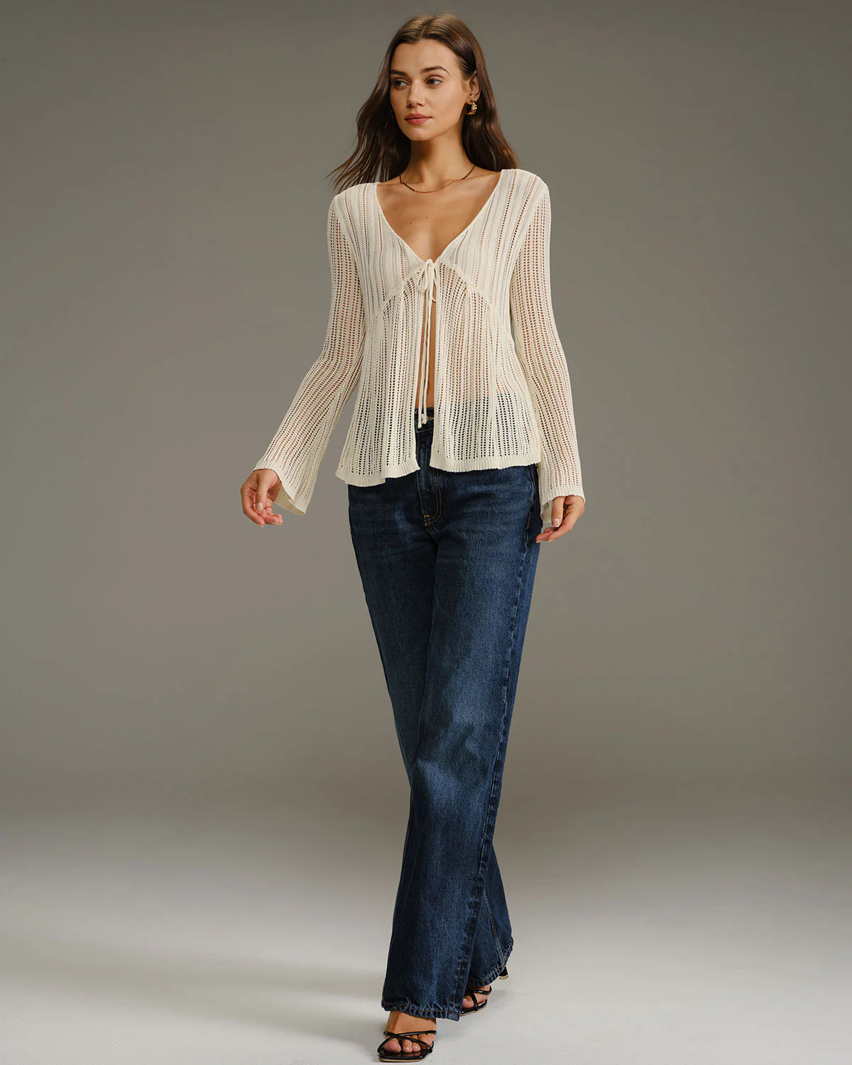 Beige V Neck Bell Sleeve Cardigan