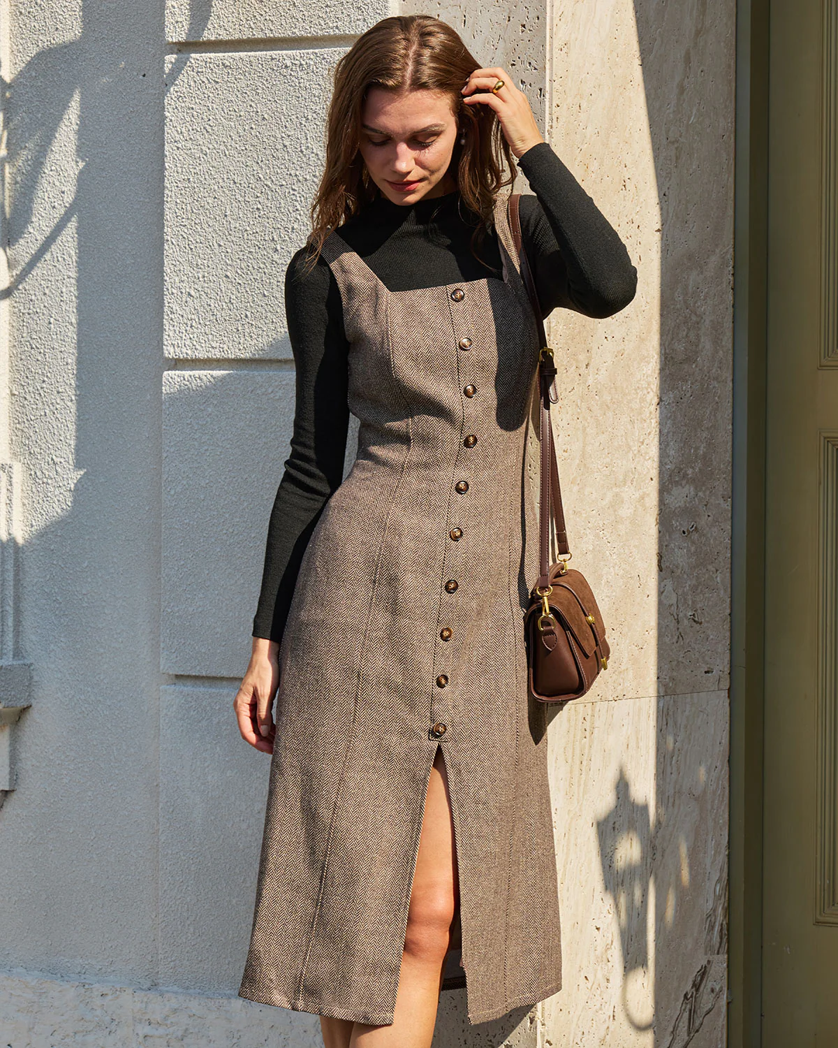 Brown A-Line Sleeveless Slit Midi Dress