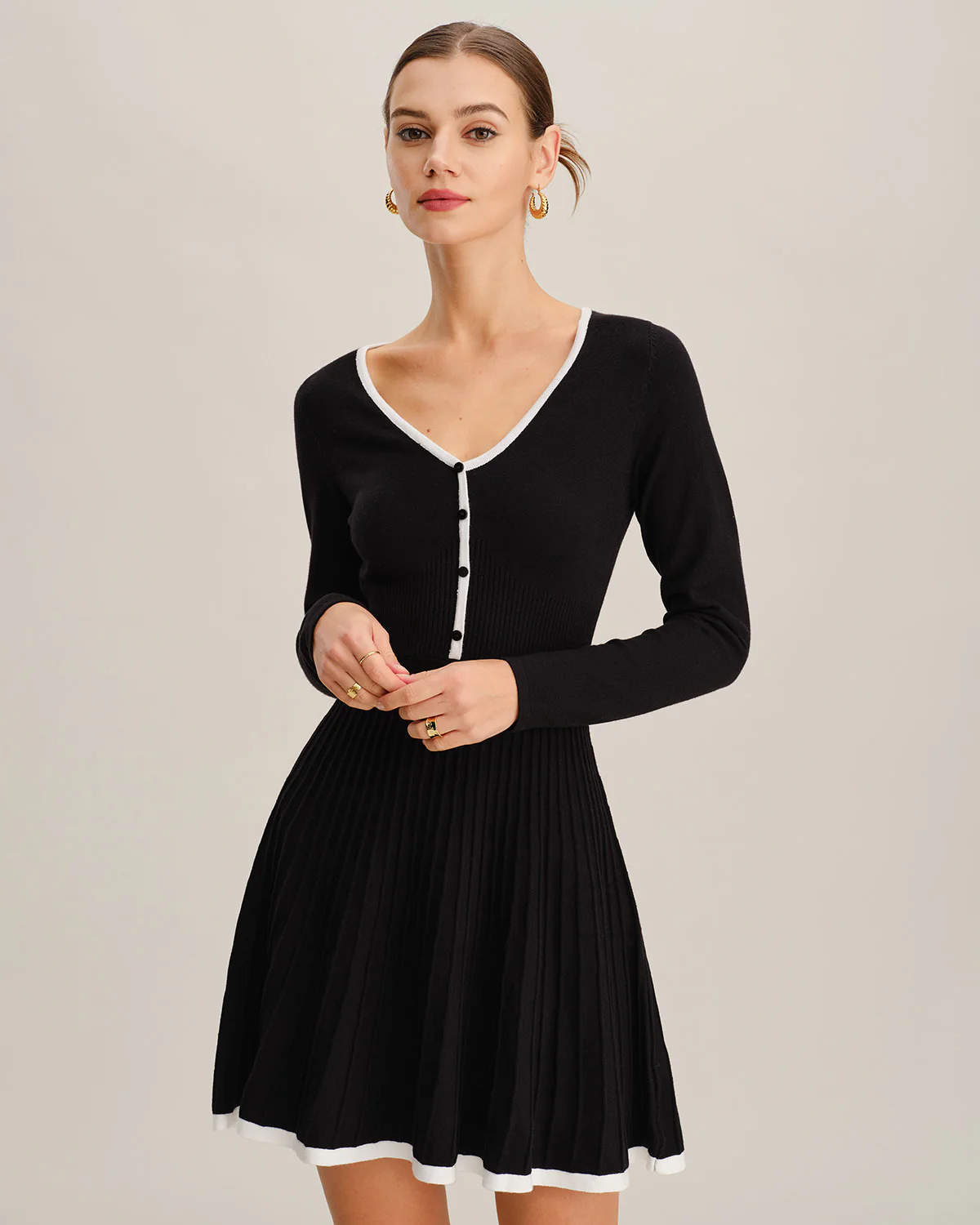 Black Contrasting V Neck Button Sweater Dress