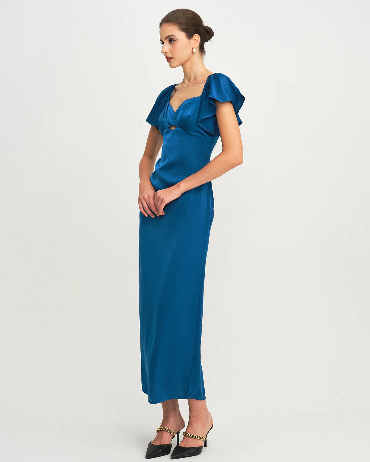 Blue Satin Cap Sleeve Maxi Dress