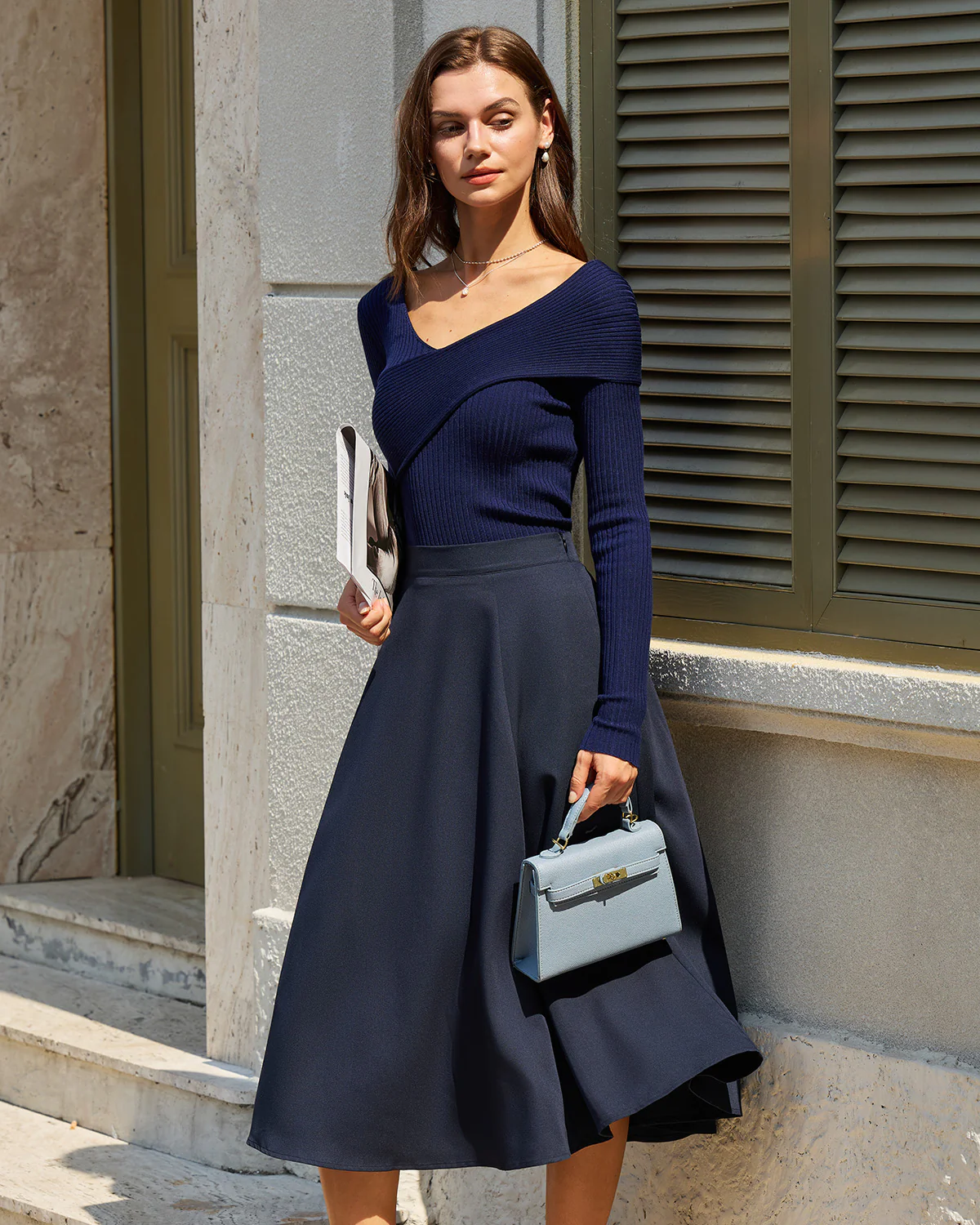 Navy A-Line Pocket Midi Skirt