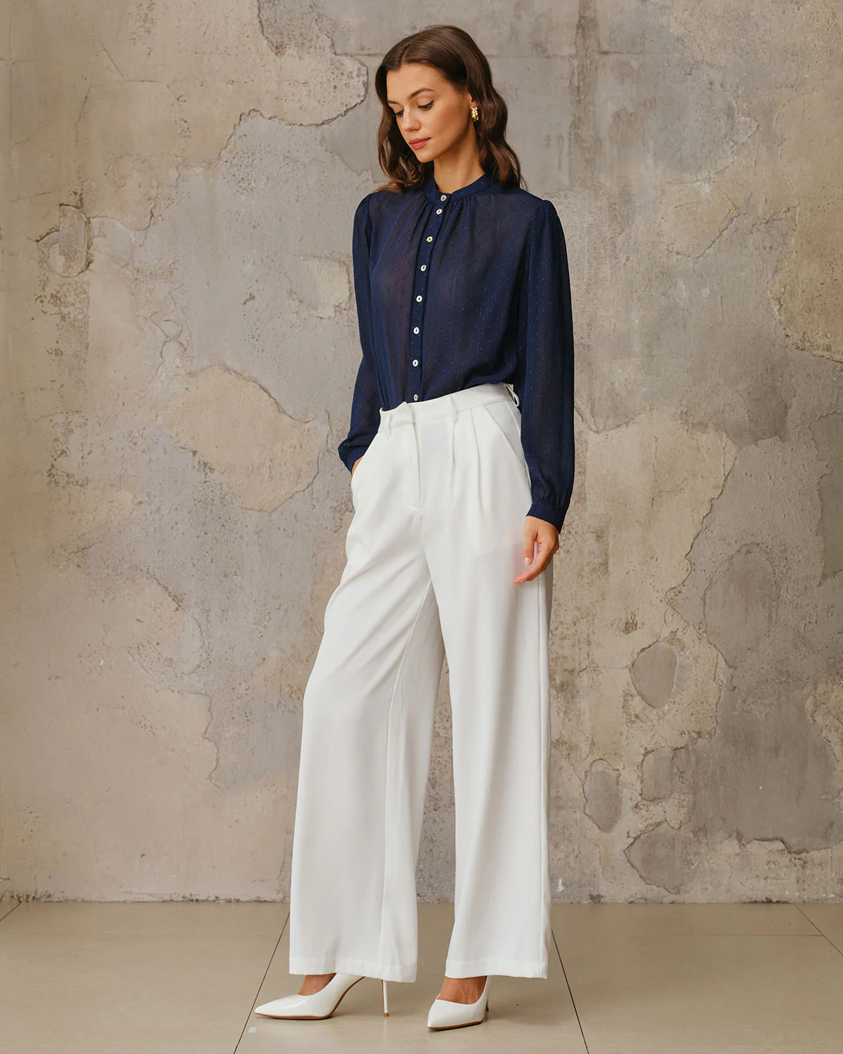 Navy Round Neck Ruched Blouse