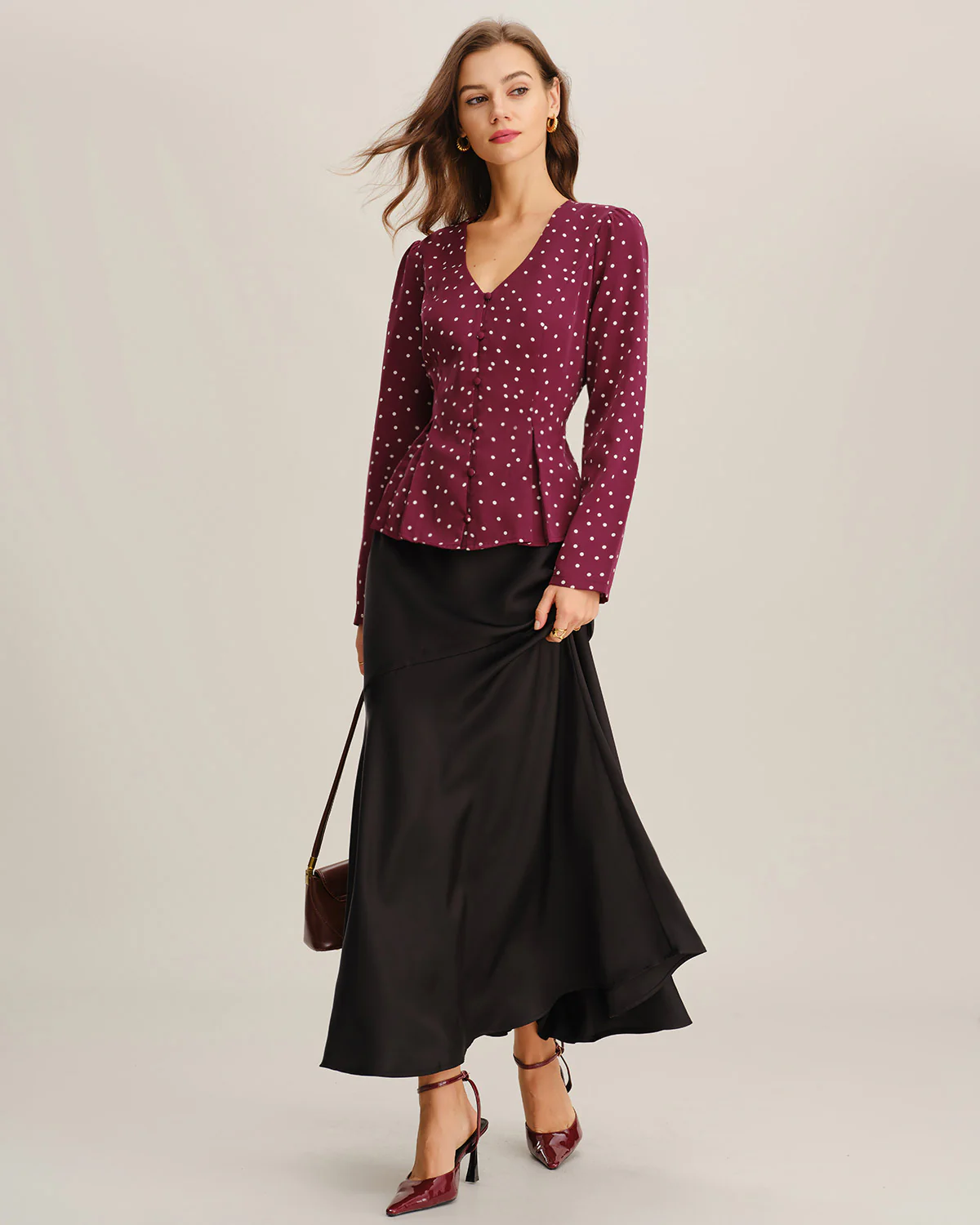 Wine Red Polka Dot V Neck Blouse