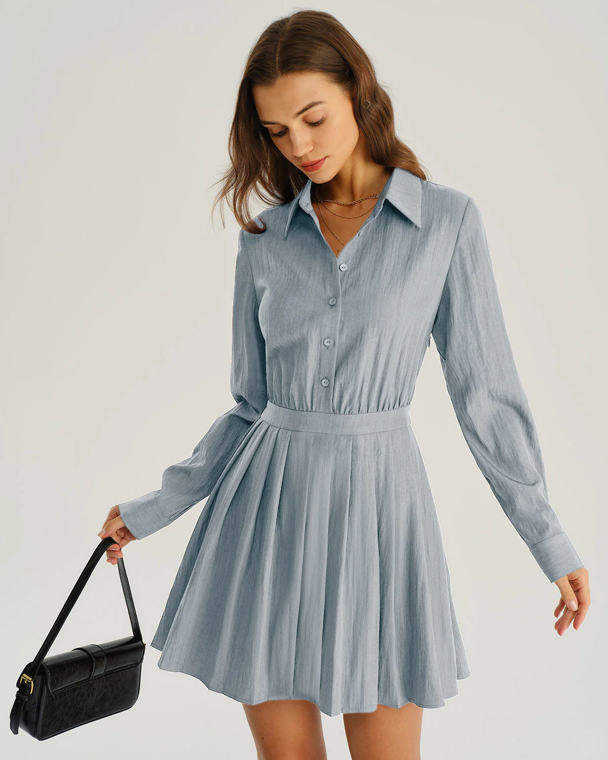 Blue Pleated A-Line Mini Dress