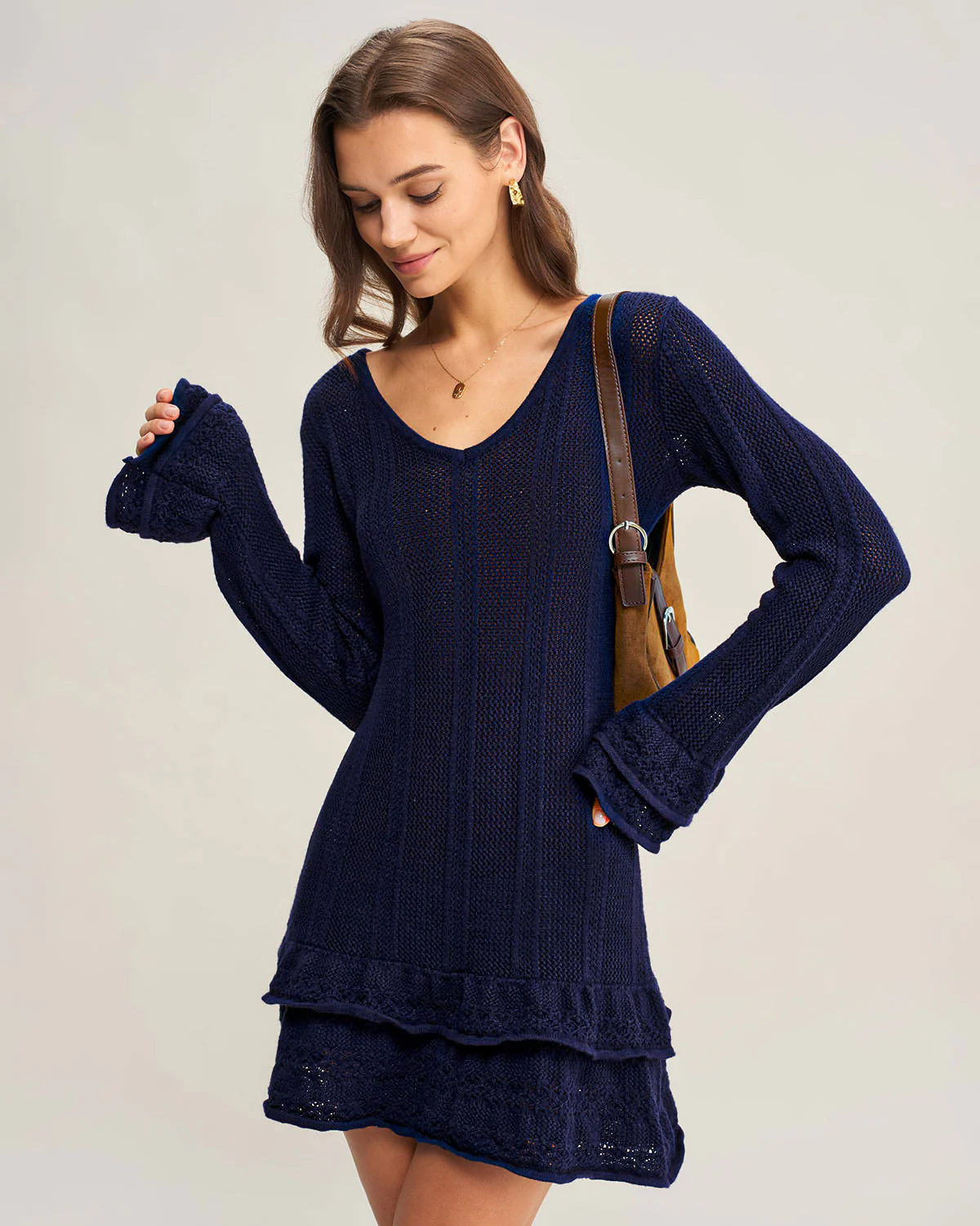 Navy A-Line V Neck Sweater Dress