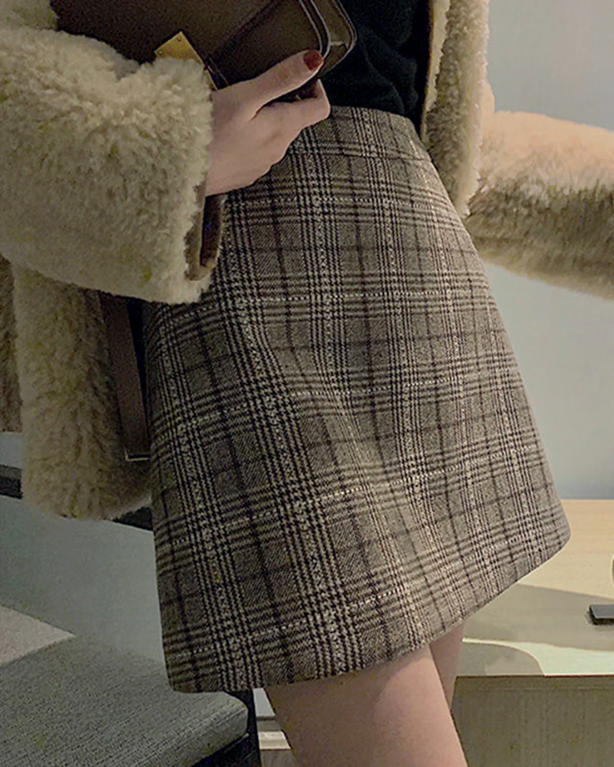 Brown Plaid A-Line Mini Skirt