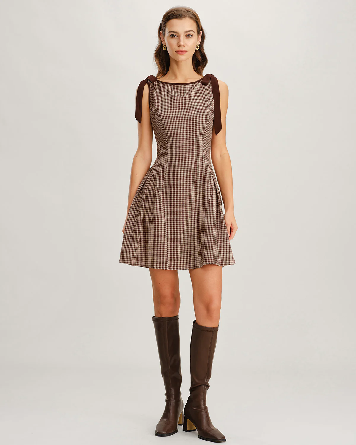 Brown Plaid Tie Strap Mini Dress