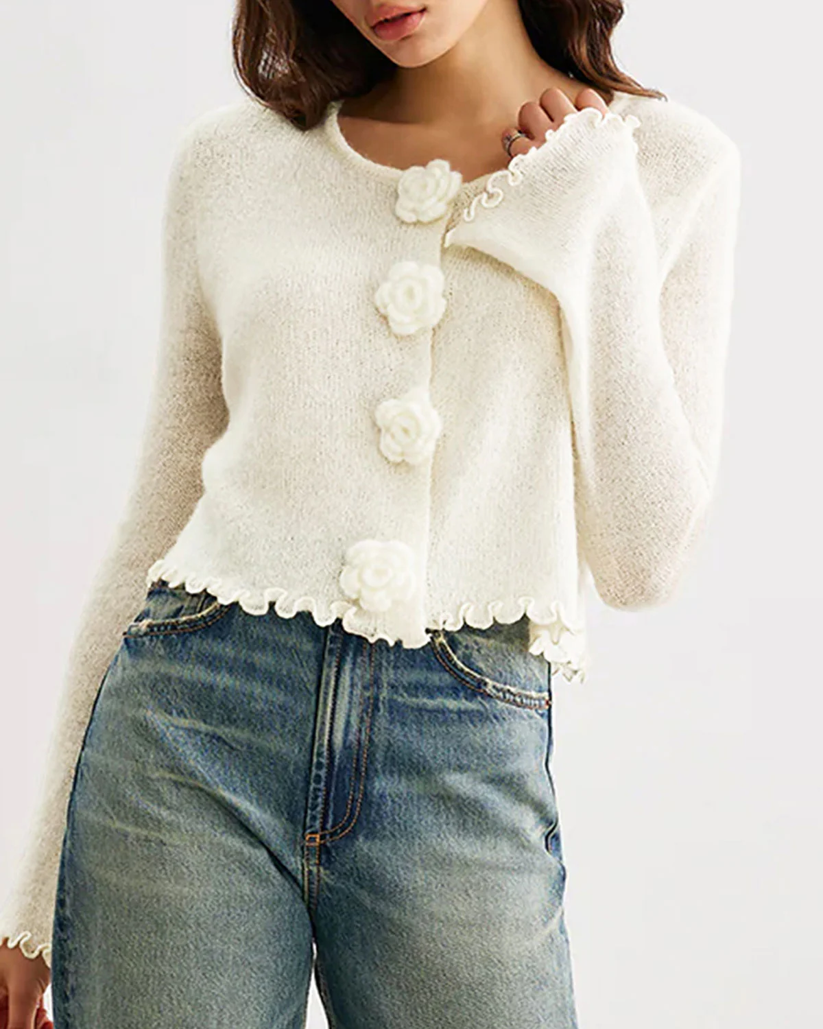 White Round Neck Flower Sweater