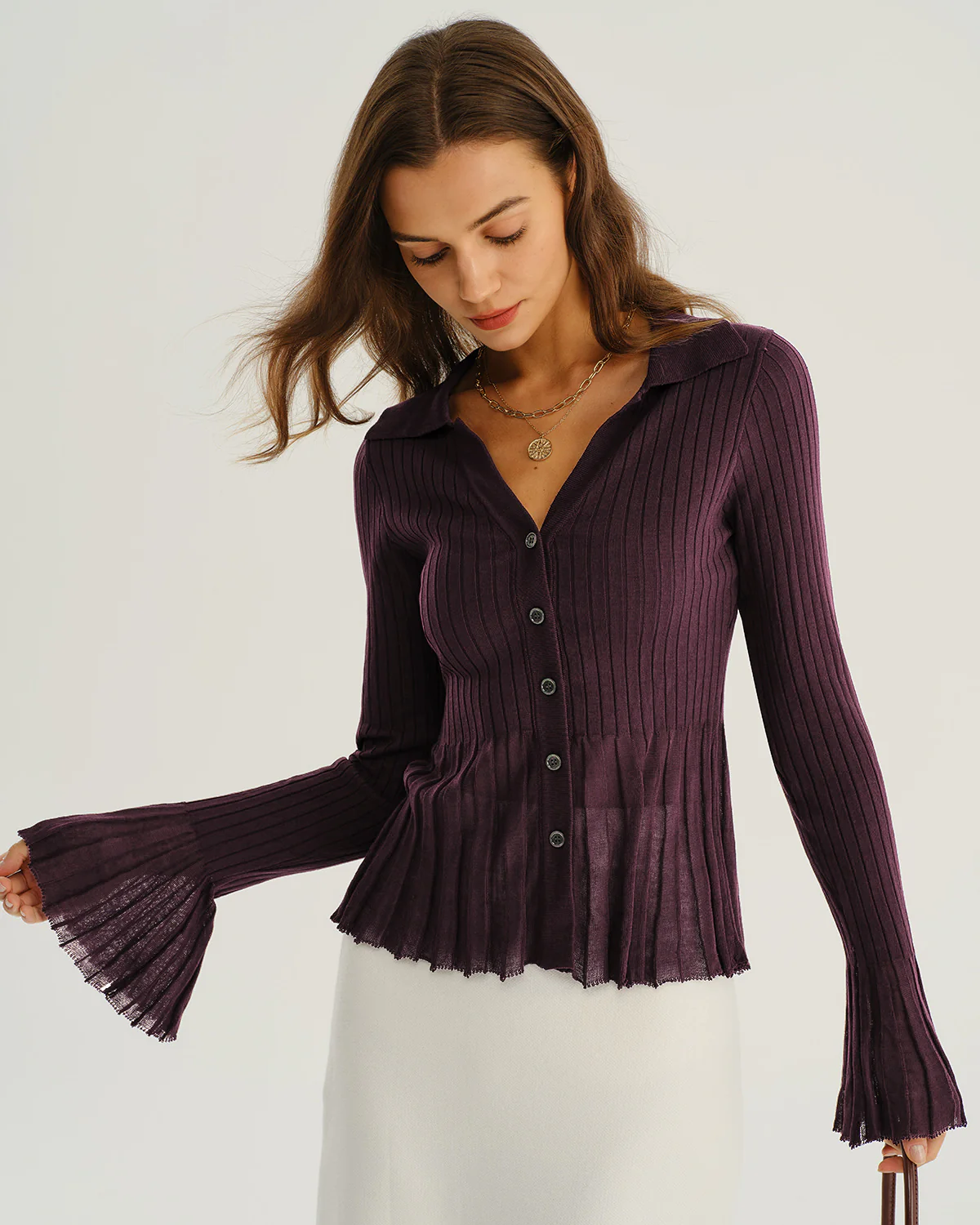 Purple Button Ribbed Knit Cardigan
