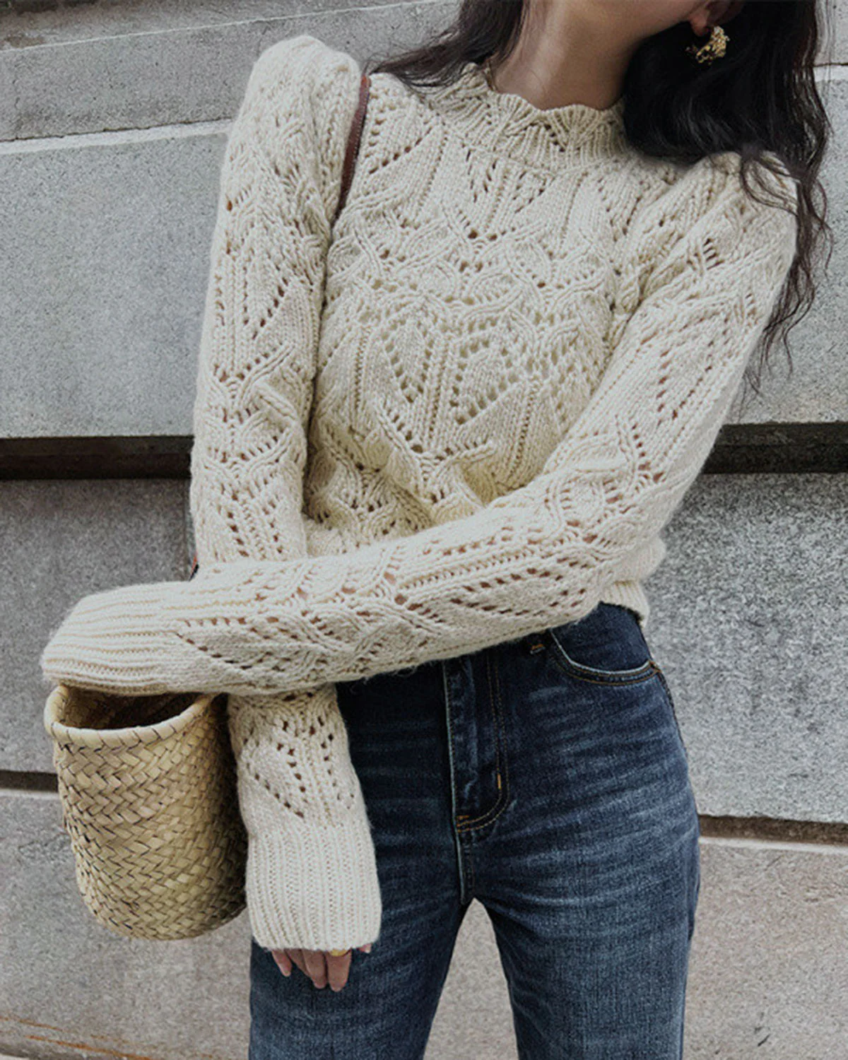 White Round Neck Cut Out Sweater