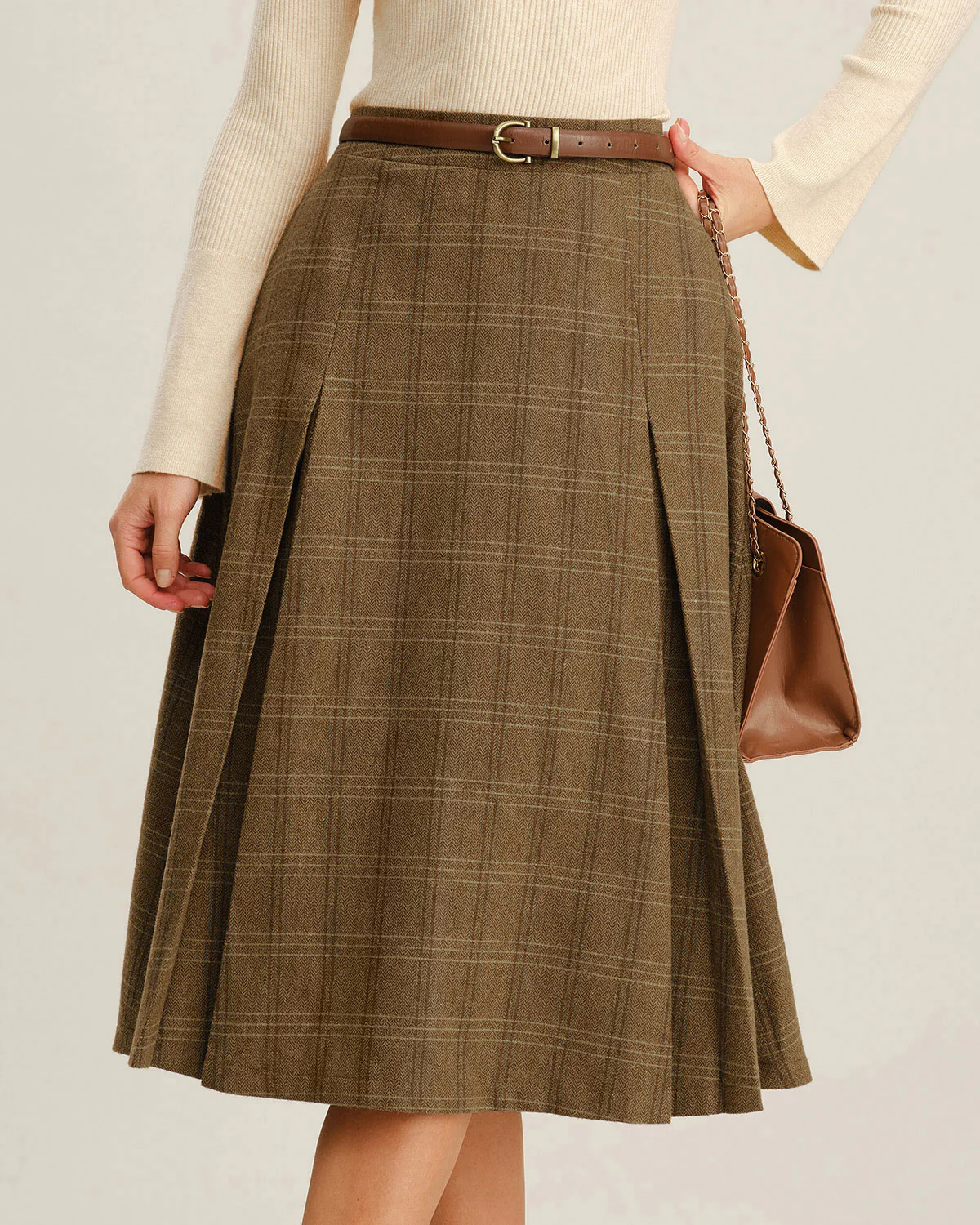 Brown Plaid A-Line Midi Skirt