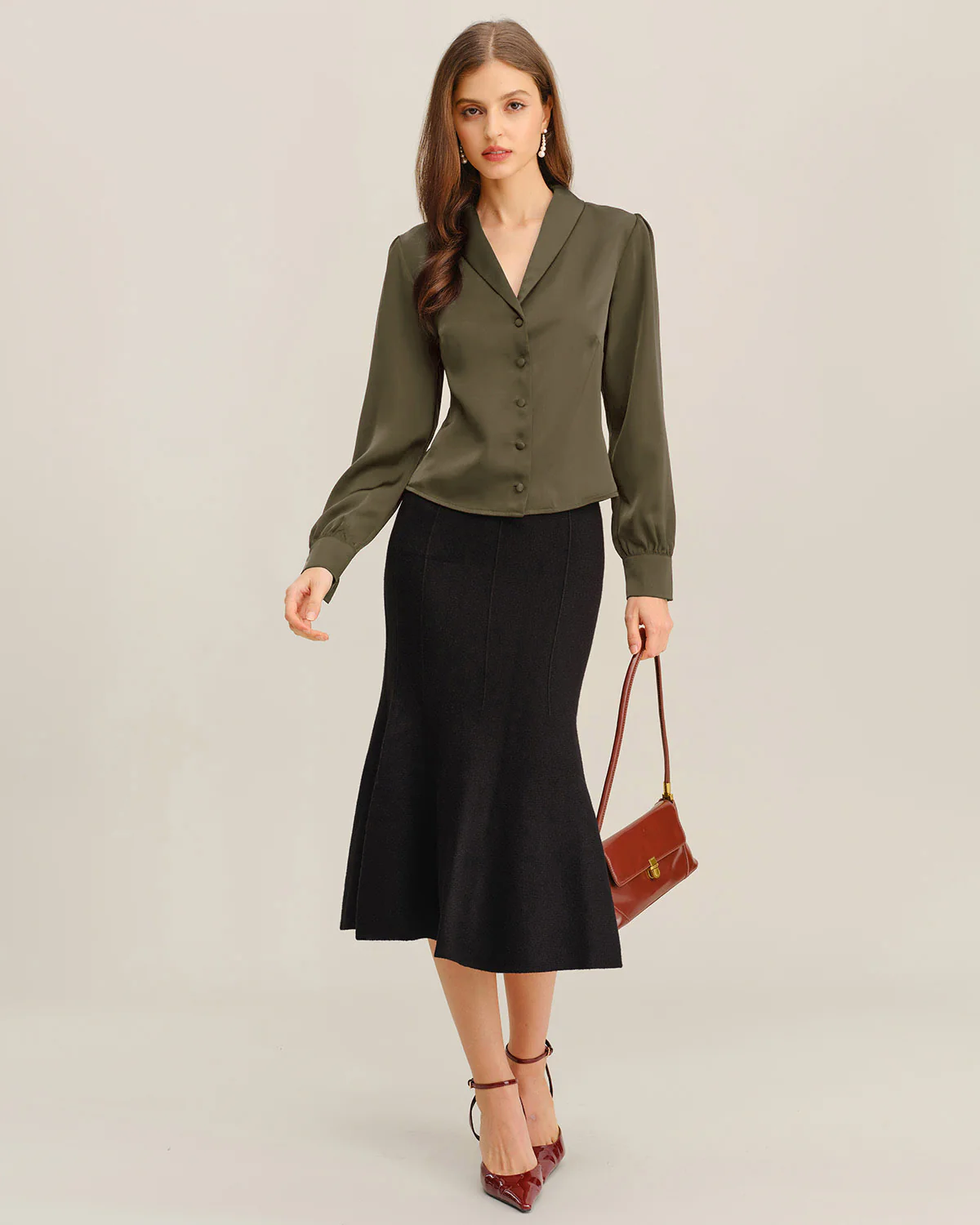 Green Satin V-Neck Shirt