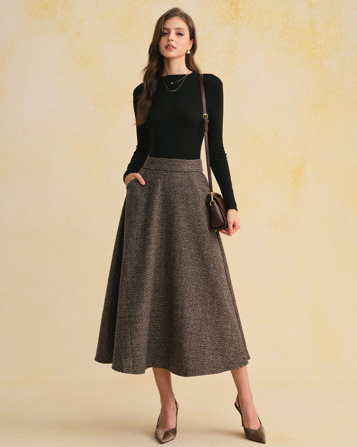 Grey A-Line Zipper Midi Skirt