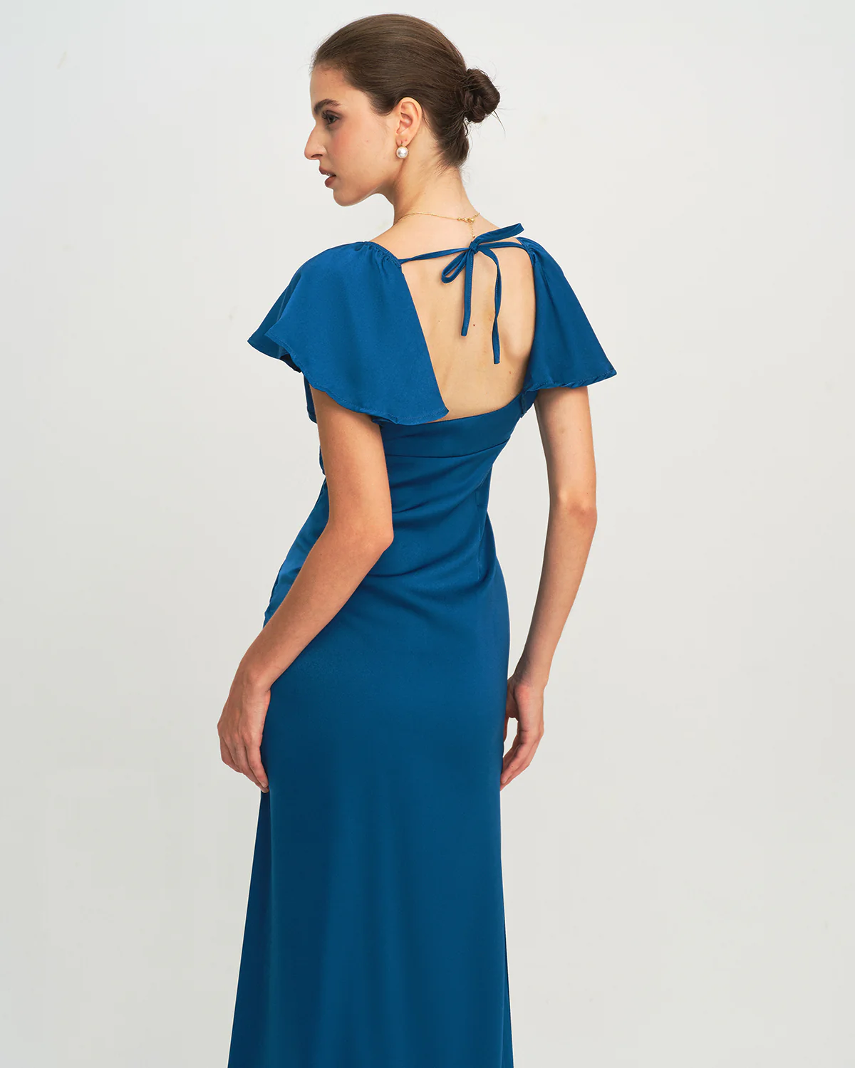 Blue Satin Cap Sleeve Maxi Dress