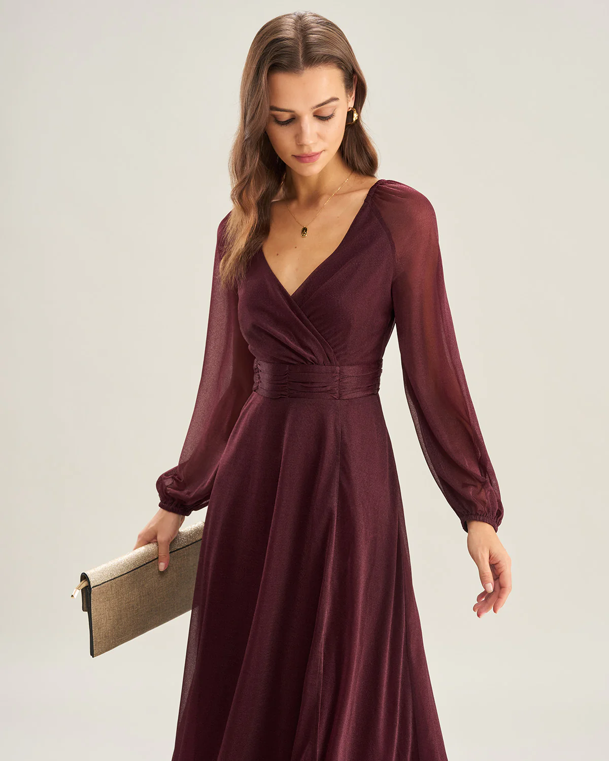 Purple V Neck See Through A-Line Maxi Dresses