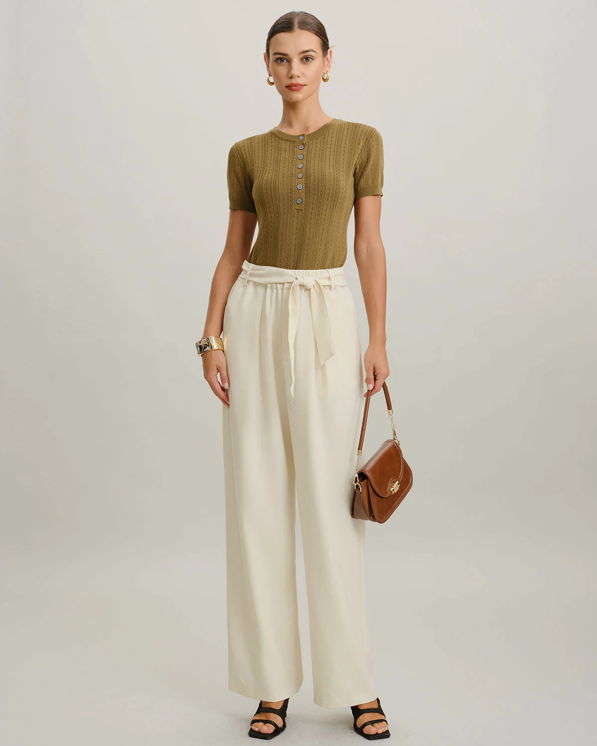 Beige High Waisted Belt Straight Pants