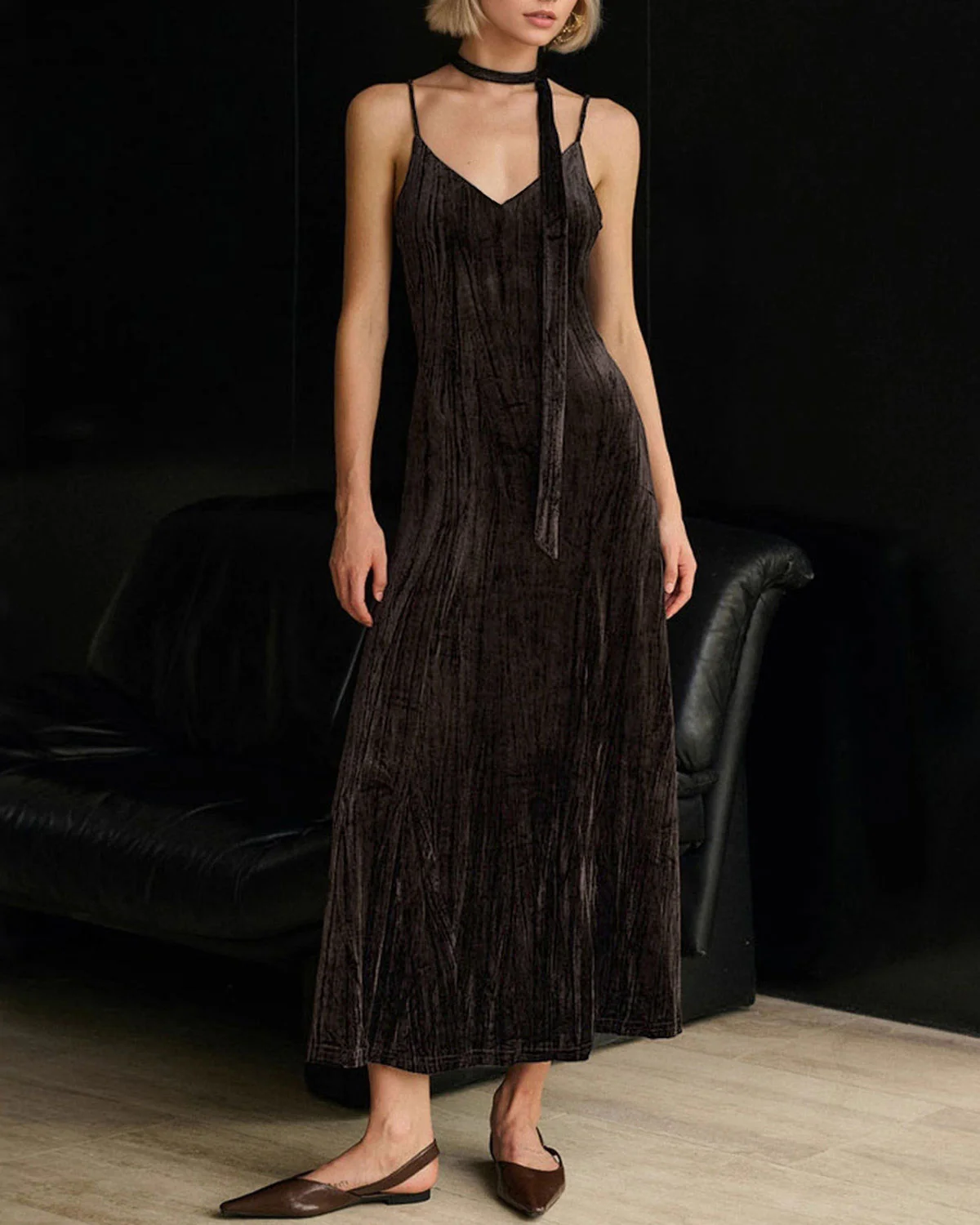 Coffee Velour Slip Midi Dress