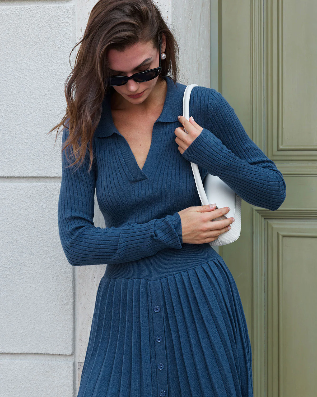 Blue Button A-Line Sweater Dress