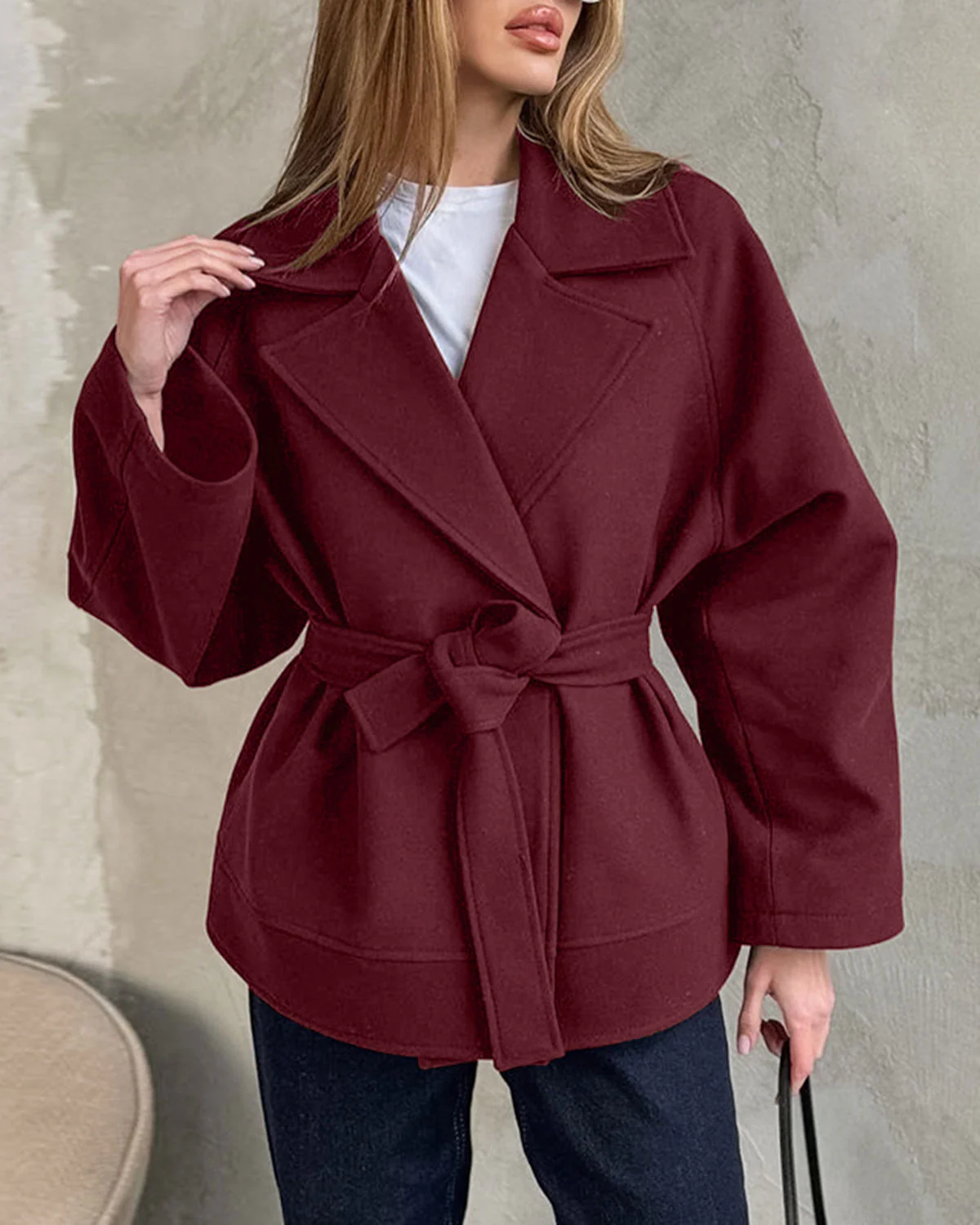 Wine Red Tie Waist Trench Coat