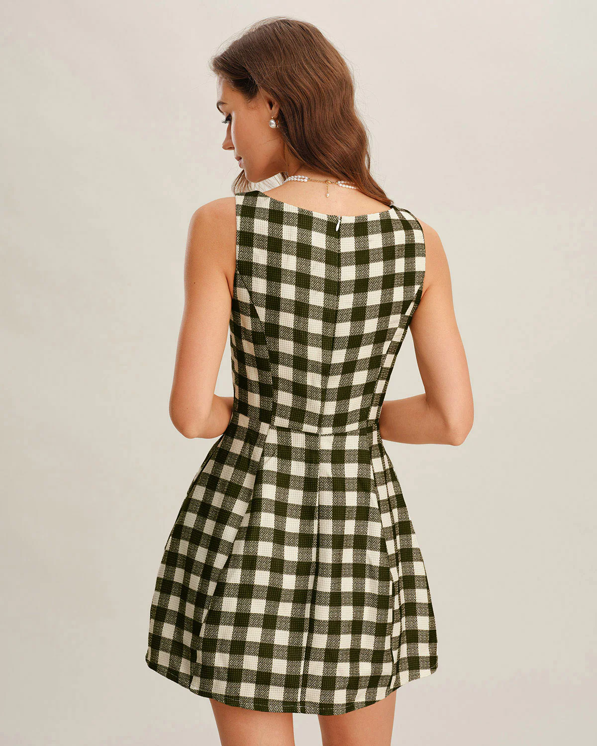 Green Plaid Sleeveless Mini Dress