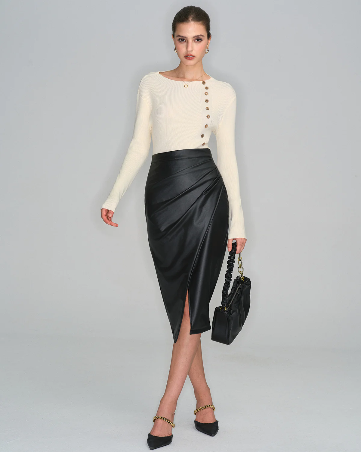 Black Straight Leather Midi Skirt