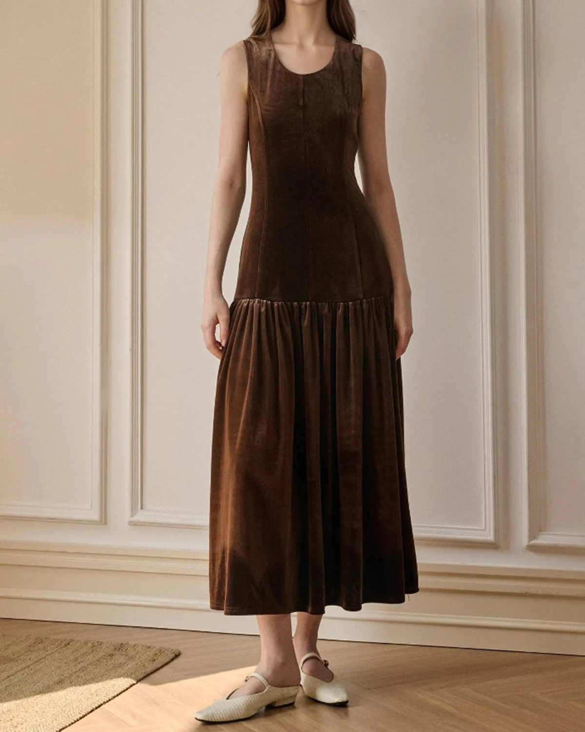 Coffee Velour A-Line Sleeveless Maxi Dress
