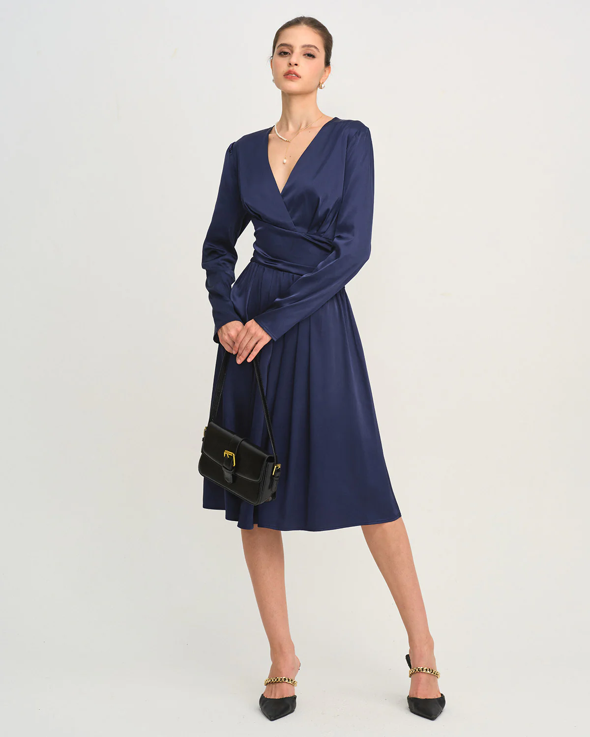 Blue V Neck Pleated Midi Dress
