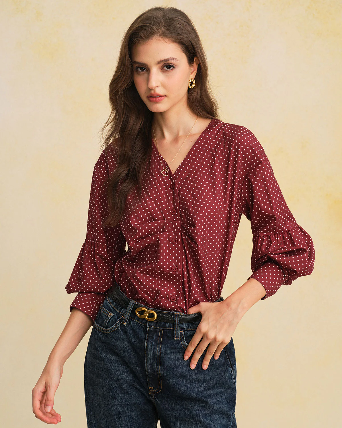 Red V Neck Polka Dot Blouse