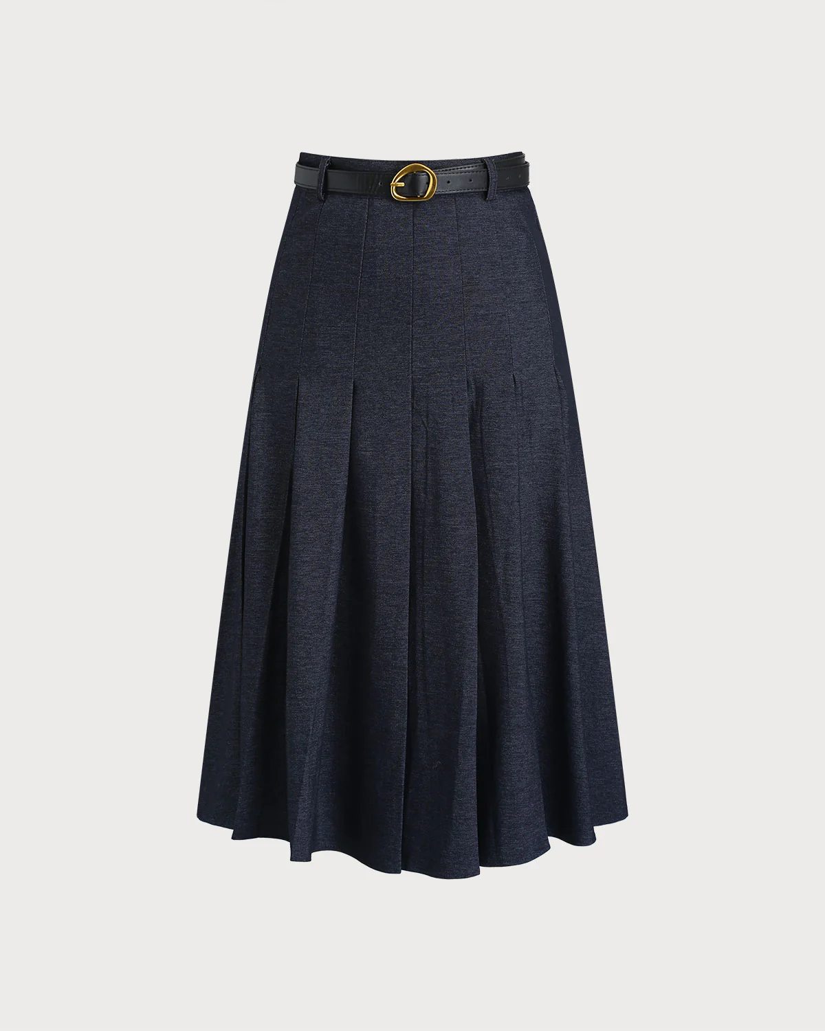 Blue Pleated Belted Midi Skirt